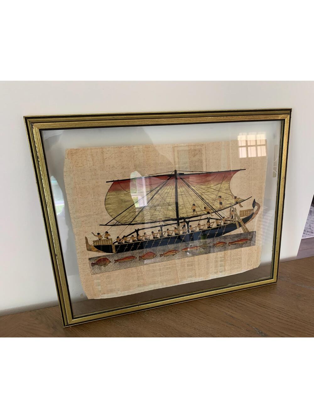 Vintage Egyptian Papyrus Painting Solar Boat Framed Art Nile Decor